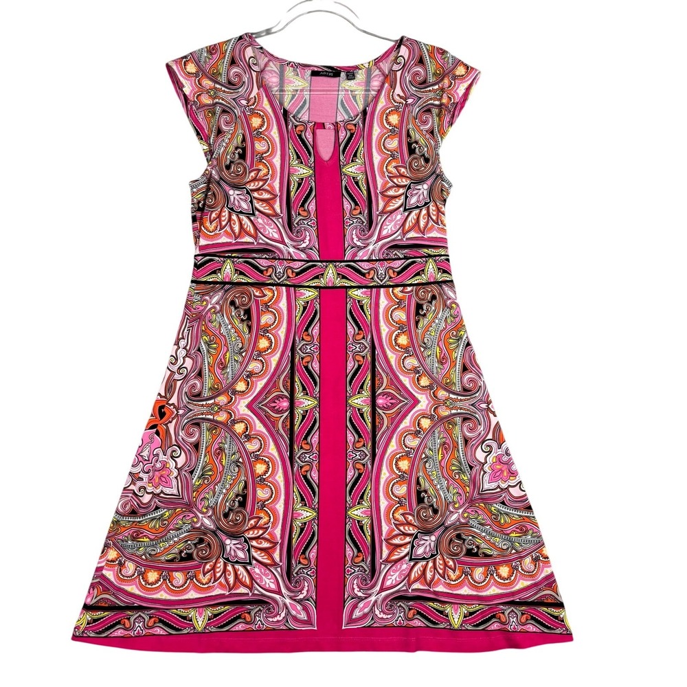 Apt. 9 Pink Paisley Cap Sleeve Sheath Dress Petite Medium PM Geometric Border - Picture 2 of 7